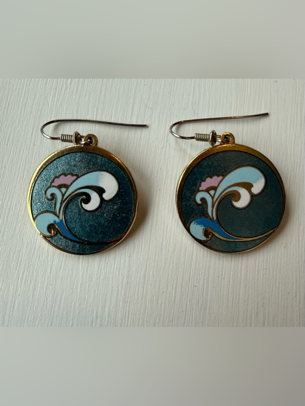 1980s Round Deep Teal Green Earrings with Artistic Flower Design